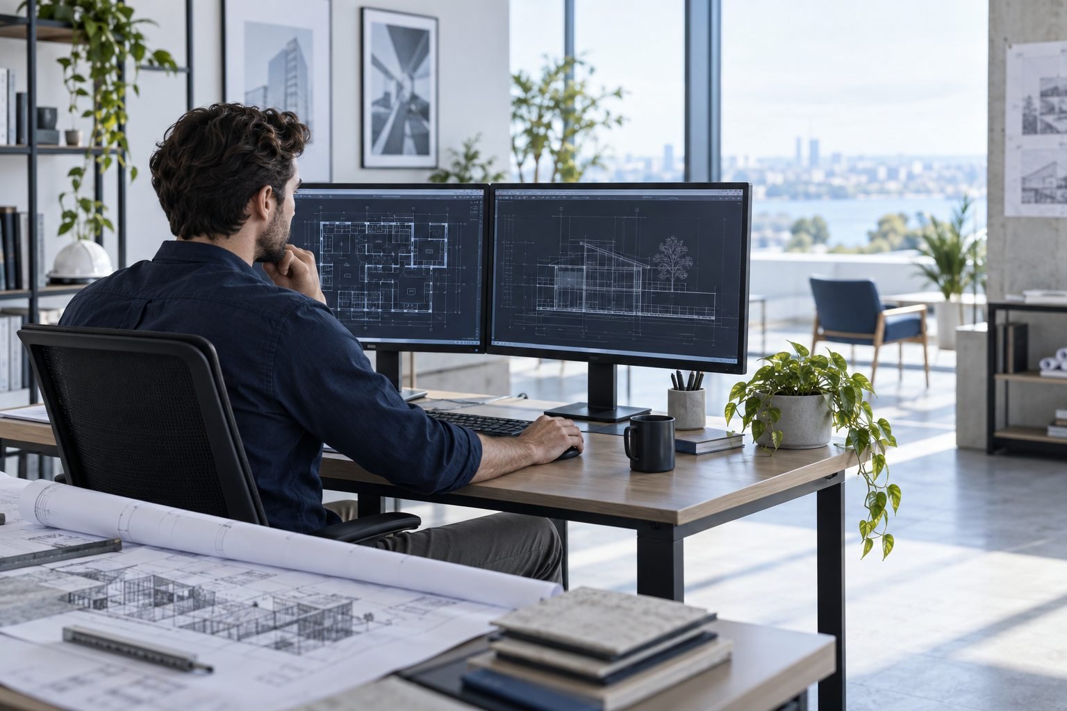 Illustrative CAD professional reviewing drawings in a bright architecture studio