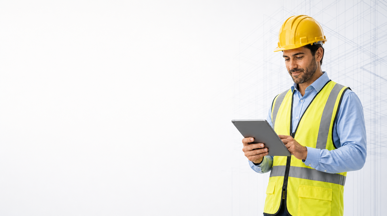 Construction professional reviewing CAD work on a tablet